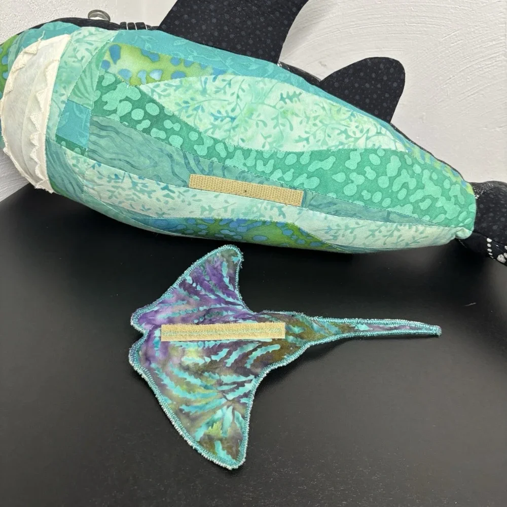 Handmade Fabric Shark Plush Collectible‎ Textile Abstract 16x8 Black Teal Art